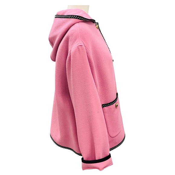 MOSCHINO COUTURE PINK / BLACK TRIM BUTTON FRONT HOODED JACKET WITH GOLD BUTTONS